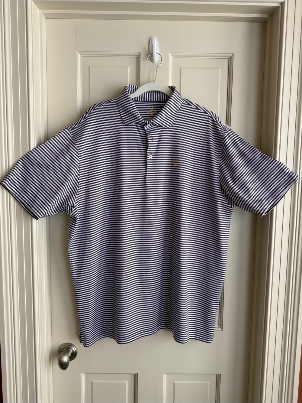 Men's Striped Polo Shirt - Purple/White with yellow emblem